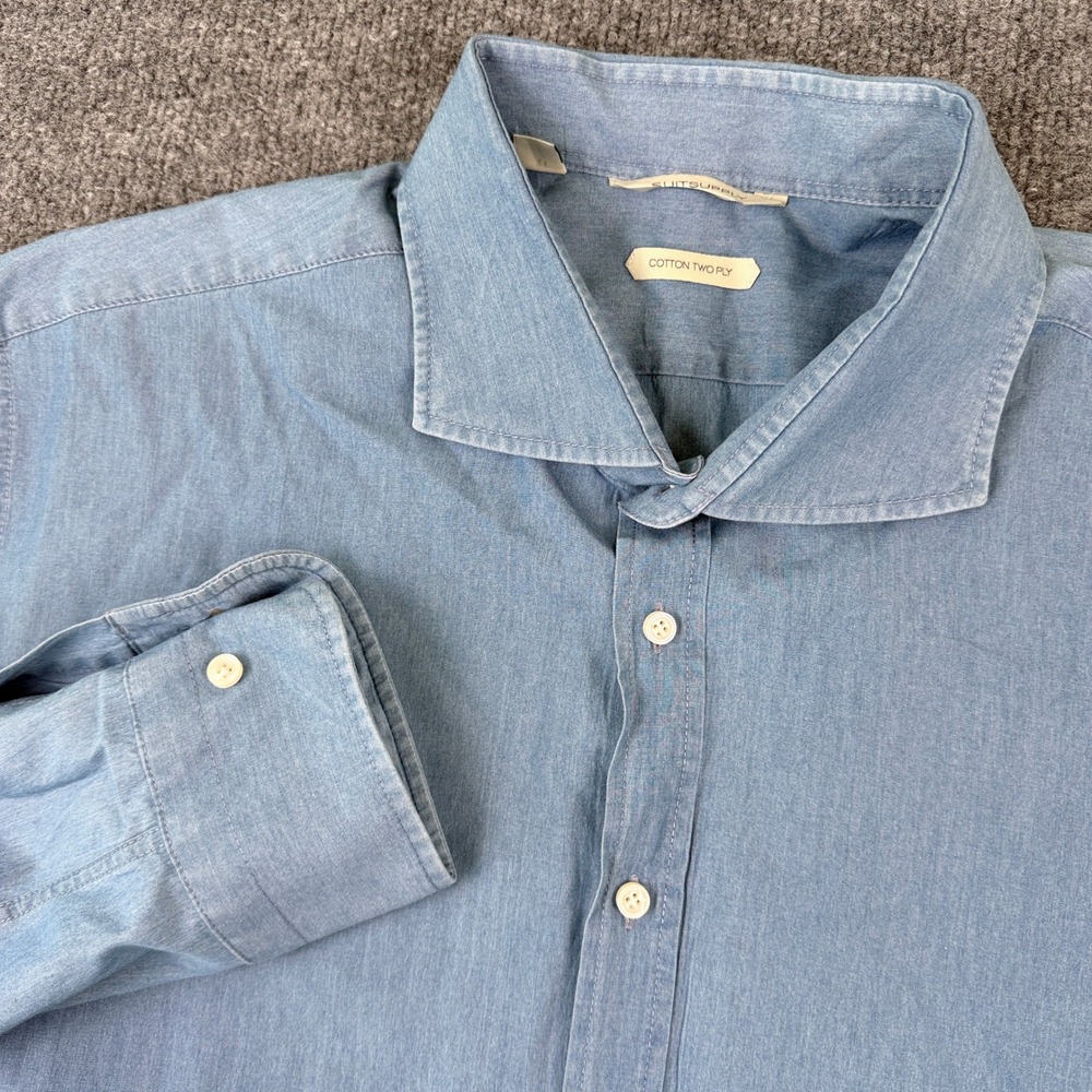 Suitsupply Denim Shirt Mens 46/18 Large Blue Long Sleeve Button Up Cotton